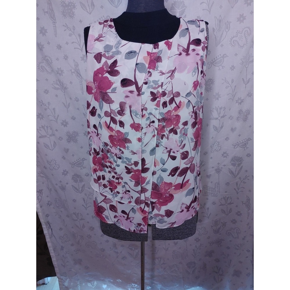 Laura Petites‎ Pink Floral Sleeveless Top Pleated Neck Womens Large